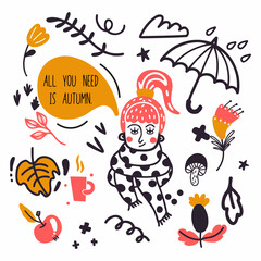 Cartoon doodle style vector illustration with yellow rubber boots,worm, cloud, mushrooms, flower, star, and graphic elements. Great design element for sticker, patch, pattern for fabric or poster. 