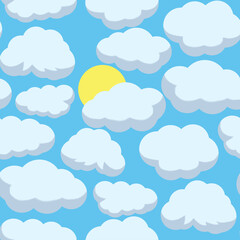 Hand drawn illustration. Cute clouds with sun in the sky. Seamless pattern. Clouds in cartoon style. Illustration for posters, cards, stickers and notebook covers design.