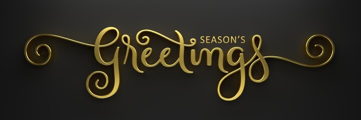 SEASON'S GREETINGS 3D render of gold brush calligraphy with swashes on dark background © HowLettery Studio