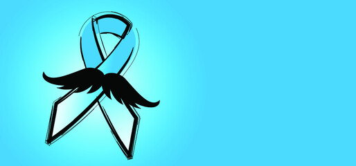 Men's health awareness, blue ribbon ( mustache ), medical symbol for prostate cancer month in november. Vector banner. No shave or shaving moustache, mustache or beard men face. 