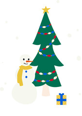 Winter Christmas tree with snowman and snowfall. 