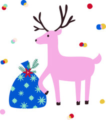 Santa Claus Rain deer with christmas bag with gifts.