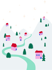 Winter village with drifts, snow and cute houses. Winter holiday mood.