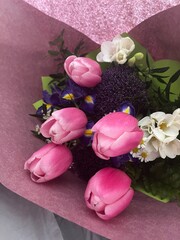 tulip, pink, bouquet, flowers, spring, flower, tulips, nature, blossom, bloom, beauty, decoration, petal, bunch, easter, gift, rose, floral, love, purple, day, plant, leaf, color, holiday