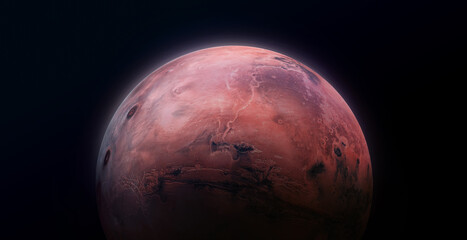 Planet Mars surface. Exploration and expedition on red planet. Red planet isolated on black background. Elements of this image furnished by NASA

