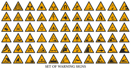 Collection of warning signs. Set of safety signs. Caution signs. Signs of danger and alerts. Iso colours