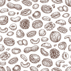Seamless pattern with nuts. Sketch background with peanuts, walnuts, coconut, macadamia, pistachio, hazelnuts.