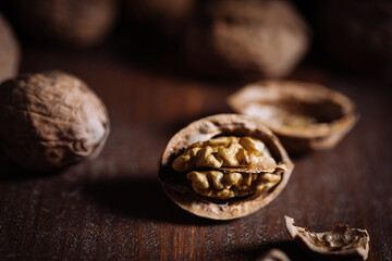 Food background made of walnuts, top view