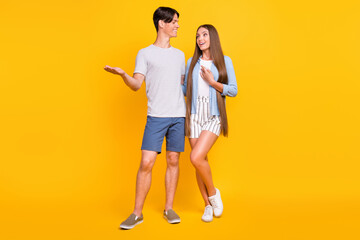 Full length body size view of attractive cheerful couple dating talking isolated over bright yellow color background