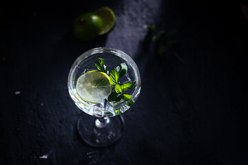 Gin tonic in cocktail glass with ice, mint leaves and lime on a dark rustic board