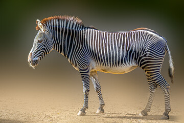 a zibra standing in the sand on a dark background