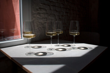 Composition of glasses filled with white wine and shadows
