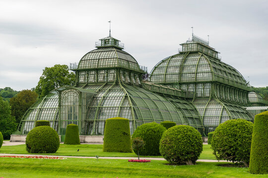 31 May 2019 Vienna, Austria - Palmenhaus building at Schonbrunn gardens. (Palm house) Constructed of iron and glass