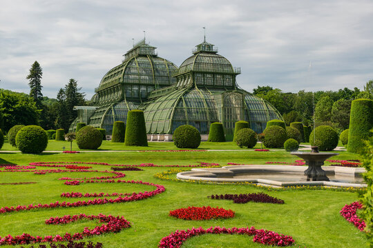 31 May 2019 Vienna, Austria - Palmenhaus building at Schonbrunn gardens. (Palm house) Constructed of iron and glass