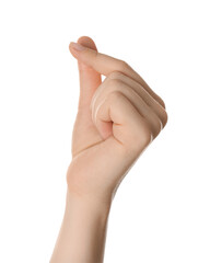 Woman rubbing thumb and index finger together isolated on white, closeup