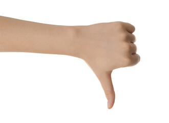 Woman showing thumb down isolated on white, closeup