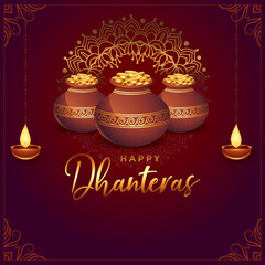Vector Illustration of golden coins pot with divas and elegant pattern and border for the celebration on the occasion of festival Subh ( happy ) Dhanteras. Greeting card or Poster Design. 