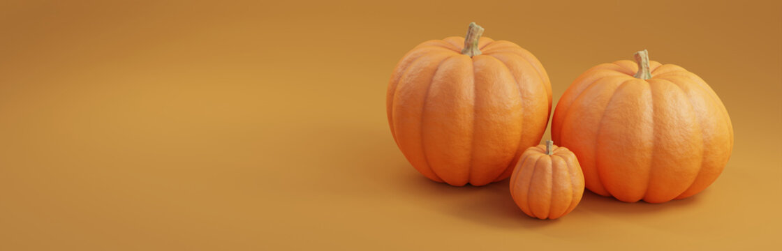 Widescreen banner with seasonal pumpkins in different sizes. Helloween pumpkin decoration on orange background with copy space. 3D render