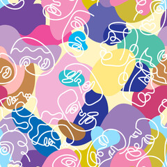 Camouflage seamless pattern with the face of a woman and a man drawn in one line. Seamless background camouflage