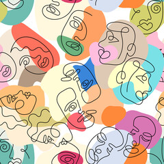 Camouflage seamless pattern with the face of a woman and a man drawn in one line. Seamless background camouflage