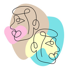 One line art face man, modern contemporary minimalist abstract man portrait. Continuous one line drawing faces