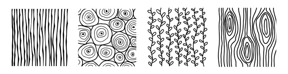 Collection of Vector abstract Textures. Set of Hand drawn nature Backgrounds of wood, bamboo and plant. Black isolated lines on white backdrop