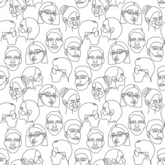 One line art face woman and man seamless pattern. Modern minimalist abstract portrait. Seamless background