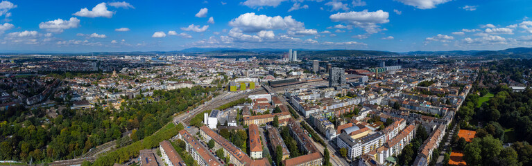 Aerial view of the city Basel in Switzerland on a sunny day in summer.