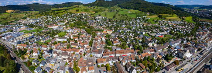 Aerial view of the city Sissach in Switzerland on a sunny day in summer.