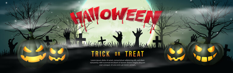 Happy halloween 3D realistic scary jack lantern full moon graveyard night background