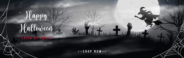 Happy halloween black white tone full moon night graveyard spider web and witch riding on a broomstick background