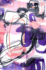 Abstract And Dynamic Mixed Media Painting In Peach, Pink, Dark Purple & Black