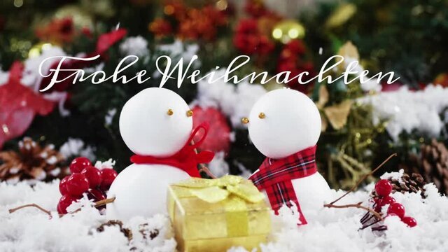 Animation of german christmas greetings text over snowman christmas decorations