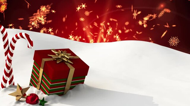 Animation of christmas gift and candy cane in winter scenery