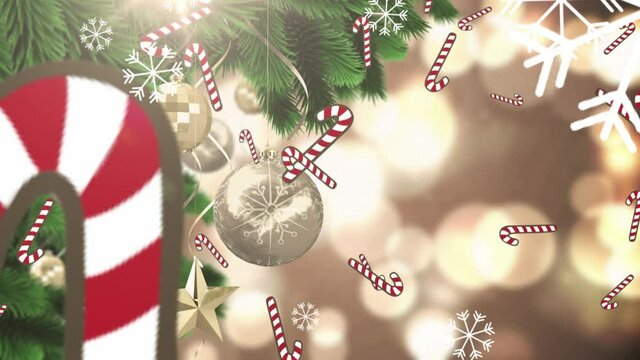 Animation of falling christmas cane over lights and snowflakes on silver background