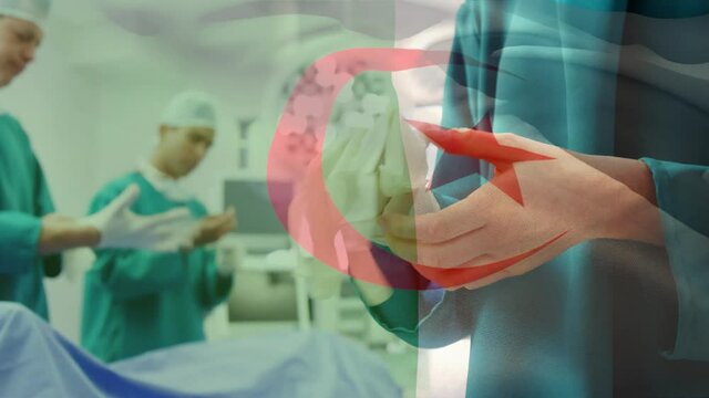 Animation of flag of iran waving over surgeon in operating theatre