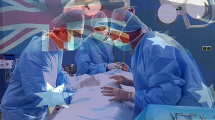 Animation of flag of australia waving over surgeons in operating theatre - Powered by Adobe