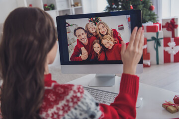 Photo of charming young woman wave hello computer relatives virtual call family indoors inside house home