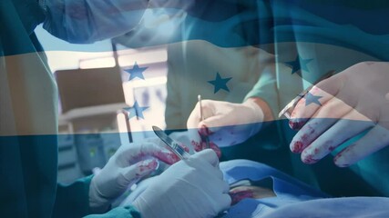 Animation of flag of honduras waving over surgeons in operating theatre - Powered by Adobe