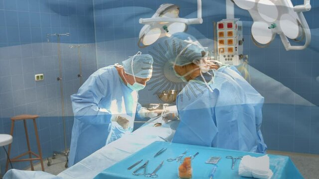 Animation of flag of argentina waving over surgeons in operating theatre