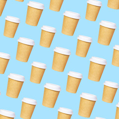 Seamless Pattern of paper eco cup with coffee to go on blue background, Fast food