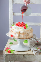 Delicious Pavlova cake made of mascarpone cream.