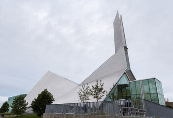 Side view of the Monique-Corriveau public library located in a 60s former church, Quebec City,...