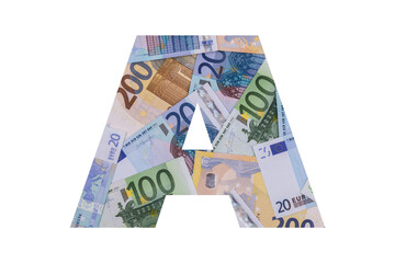 A. A letter of the Latin alphabet, the entire area of which is occupied by chaotically spread out euro bills of various denominations on a white background
