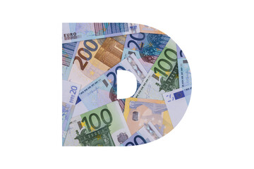 D. A letter of the Latin alphabet, the entire area of which is occupied by chaotically spread out euro bills of various denominations on a white background