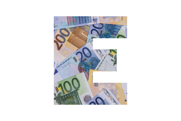 E. A letter of the Latin alphabet, the entire area of which is occupied by chaotically spread out euro bills of various denominations on a white background