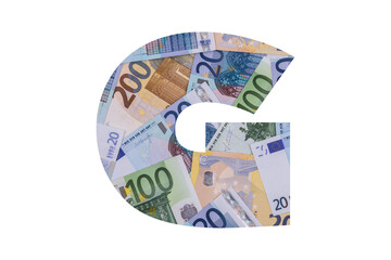 G. A letter of the Latin alphabet, the entire area of which is occupied by chaotically spread out euro bills of various denominations on a white background