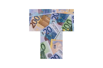 T. A letter of the Latin alphabet, the entire area of which is occupied by chaotically spread out euro bills of various denominations on a white background