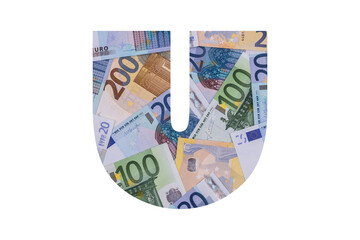 U. A letter of the Latin alphabet, the entire area of which is occupied by chaotically spread out euro bills of various denominations on a white background