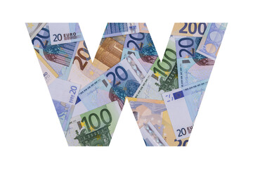 W A letter of the Latin alphabet, the entire area of which is occupied by chaotically spread out euro bills of various denominations on a white background